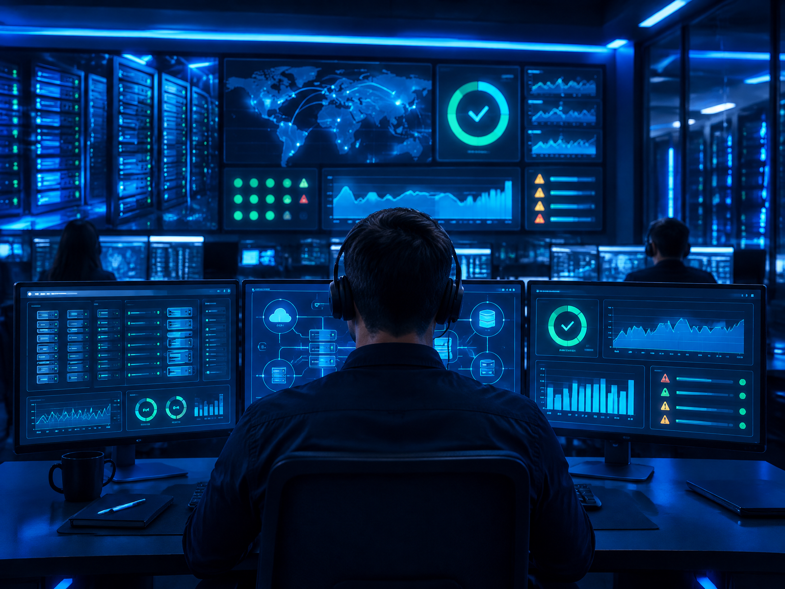Central de operações acompanhando servidores e disponibilidade