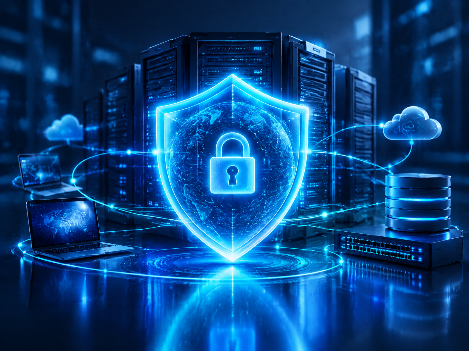 Escudo digital protegendo servidores e dados empresariais