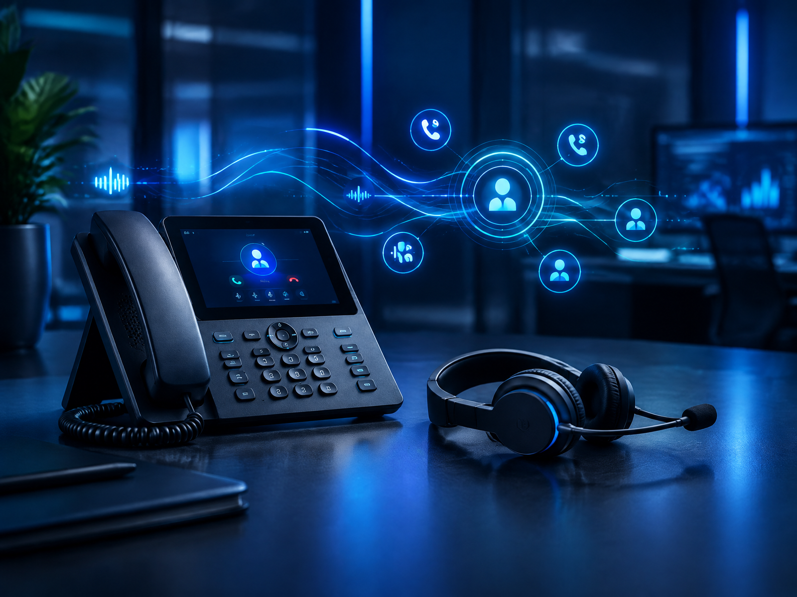 Telefone IP e headset representando telefonia VoIP empresarial